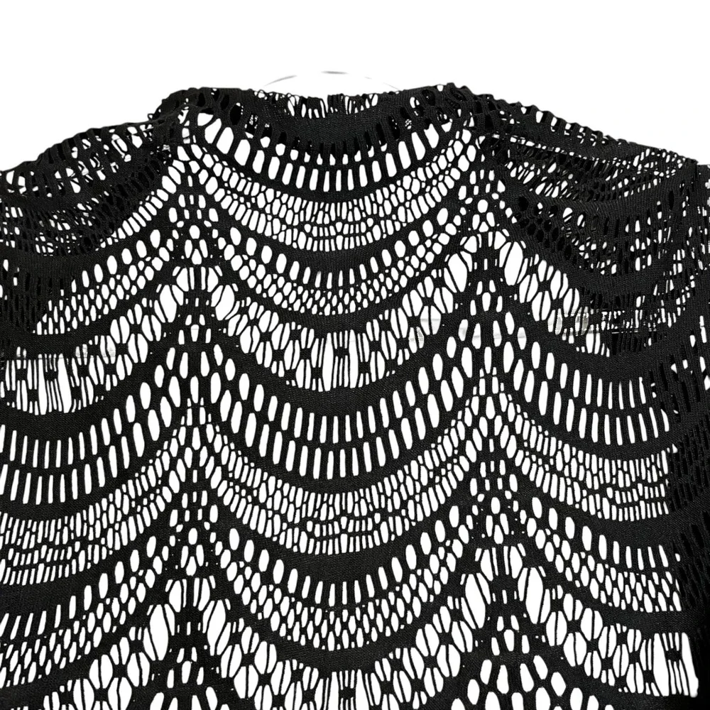 Black Crochet‎ Fringe Vest Open Front Scalloped Knit Boho Festival Swim Cover M